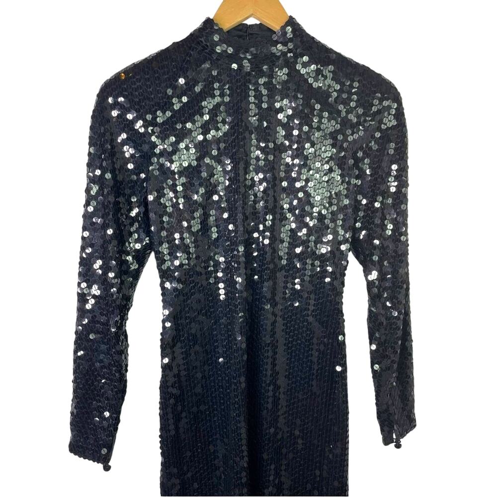 Vintage Black Sequin Dress Long Sleeve 1980s Glam Sparkle - Picture 4 of 10
